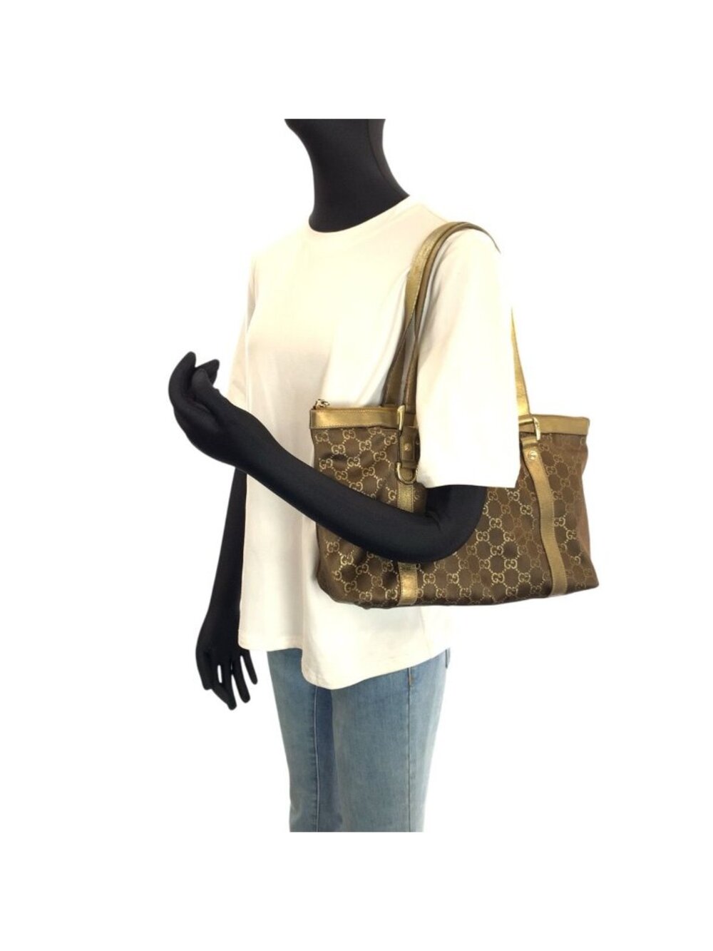 Gucci Abbey Gold Brown GG Canvas Leather Tote Shoulder - Picture 7 of 9